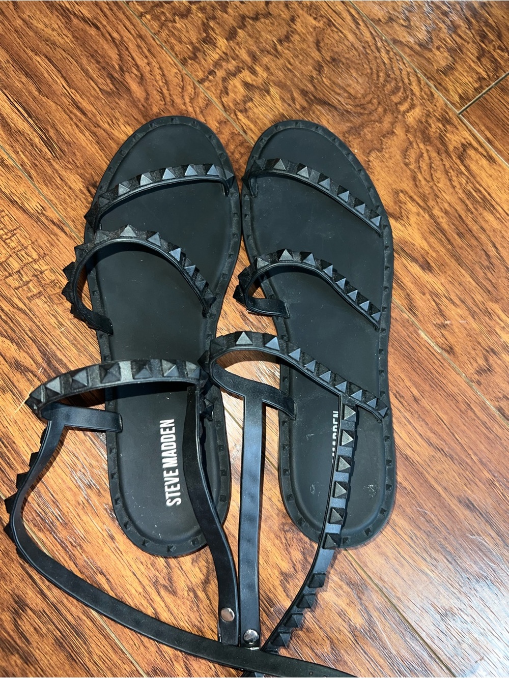 Steve Madden Black Pyramid-Stud Strappy Sandals